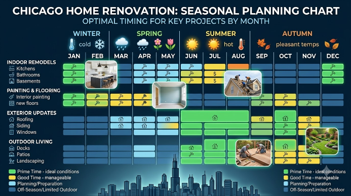 Seasonal planning chart showing the best time to renovate Chicago home projects by month