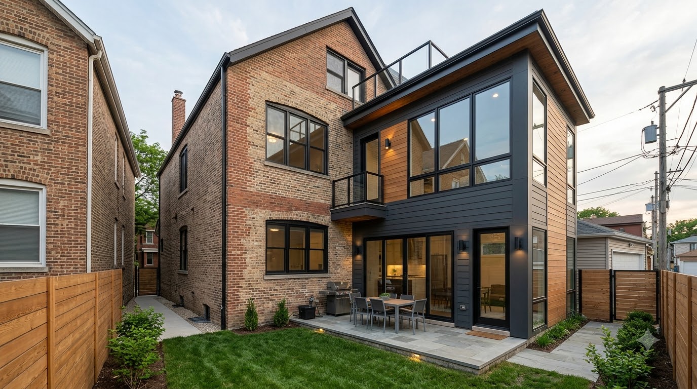 Two-story brick house in Chicago with a new rear addition, showing home addition cost Chicago homeowners plan for