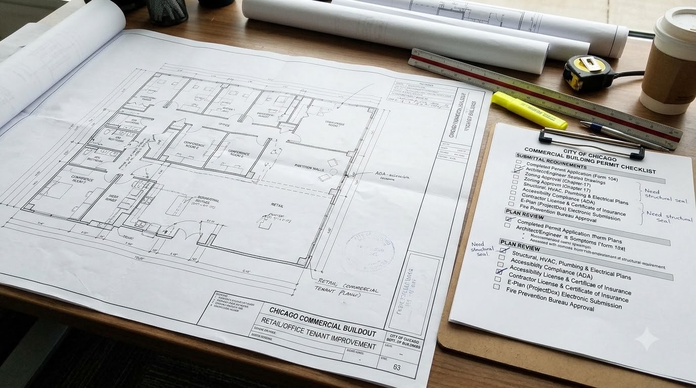 Commercial buildout Chicago floor plan beside a permit checklist