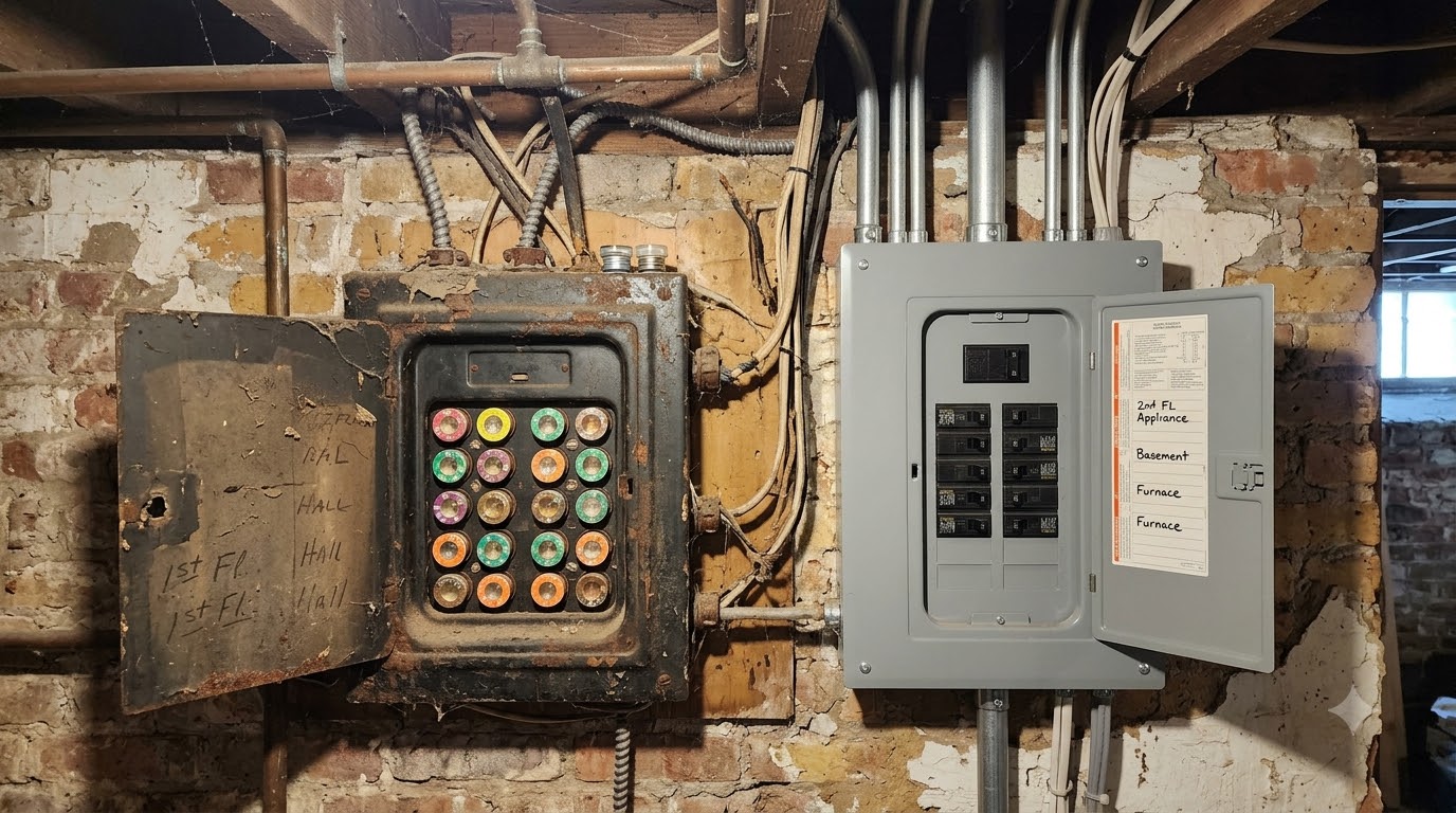 Old screw-in fuse box next to a modern circuit breaker panel in a Chicago two-flat
